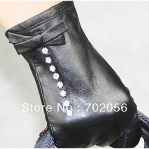 New rhinestone Five Finger Leather gloves leather gloves Lambskin GLOVE 12pair/lot #3147