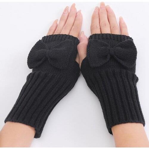 1pc Solid Color Thumb Hole Fingerless Gloves Warm Winter Bow Decor Knit Gloves Clothing Accessories For Women Girls