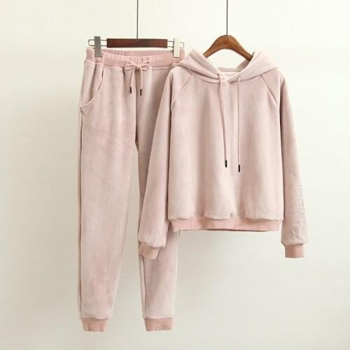 2020 autumn and winter Hooded casual fleece two piece set hoodies and pants Korean loose thick Solid tracksuit women