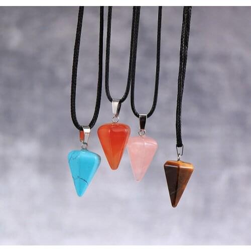 Natural Stone Necklace For Men Women Conical Statement Pendant Necklaces 18" Wax Line Neck Chain 2020 Fashion BOHO Jewelry