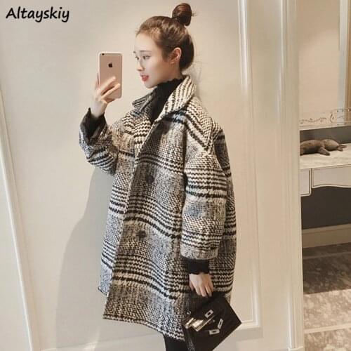 Woolen Coat Women Winter Classic Plaid Mid-long Outwear Womens Pockets Chic Loose 2XL Harajuku Korean Style All-match Elegant