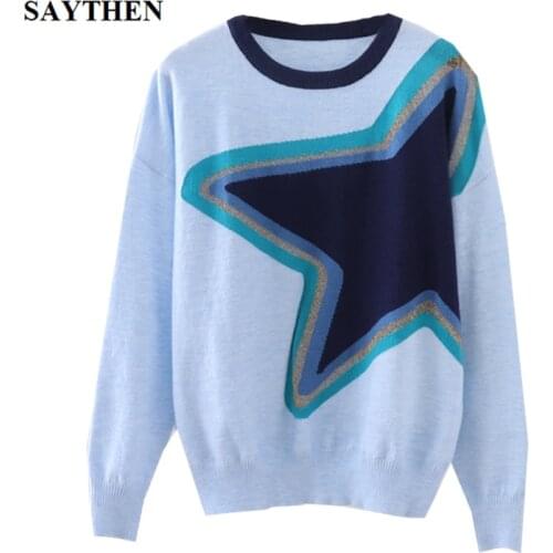 SAYTHEN Matching Color Gold Thread Five-Pointed Star Knitted Thick Sweater Pullover Womens 2020 Autumn And Winter Soft Jumper