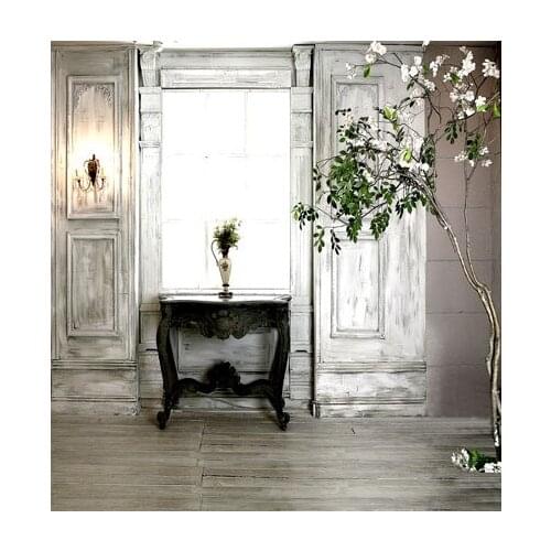 TR 8x8FT Retro Wooden Wall Bright Window Photo Backdrop Wood Floor Black Table Green Tree Photography Studio Background Backdrop