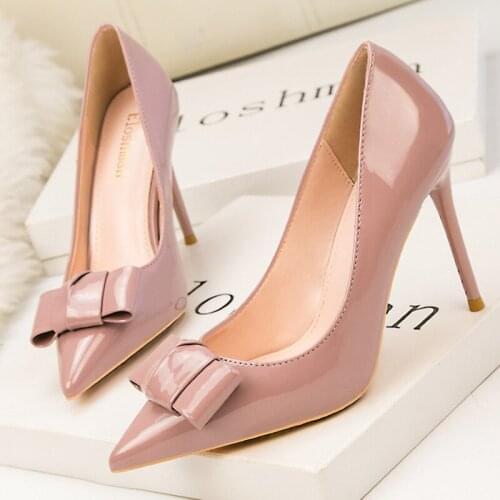 Spring Women Pumps Office Ladies Shoes Patent Leather High Heels Fetish Butterfly-knot Party Wedding Stiletto Women Shoes