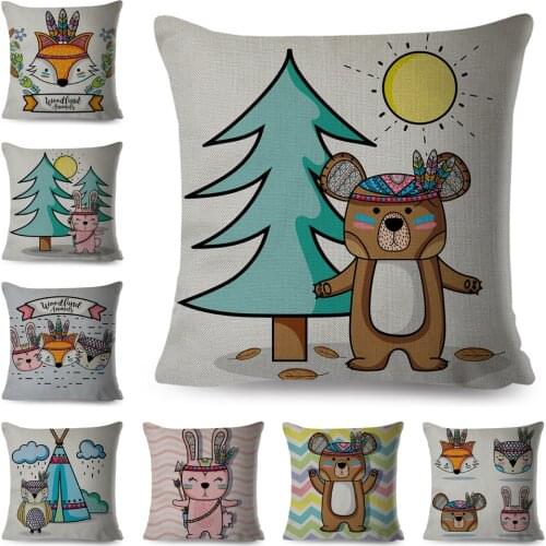 Funny Indian Animal Cushion Cover for Children Room Sofa Cartoon Decorative Fox Rabbit Bear Pillow Case Polyester Pillowcase