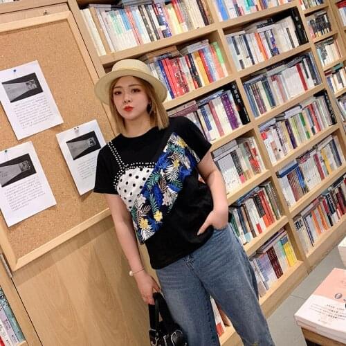 Women T Shirt Bead Printing Fake Two-piece Short Sleeve T-shirt Summer Loose Casual T-shirt Plus Size Female 2021