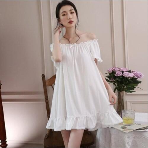 Women Summer Sexy Short Off-Shoulder Sleepwear Nightgowns Princess White Color Cotton Night Dress Girls Casual Loose Home Dress