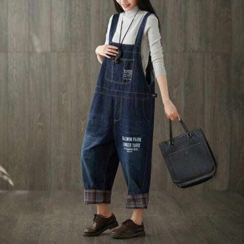 New basic harajuku women jumpsuit washed vintage denim plus size jeans letter rompers personality casual all matches overalls