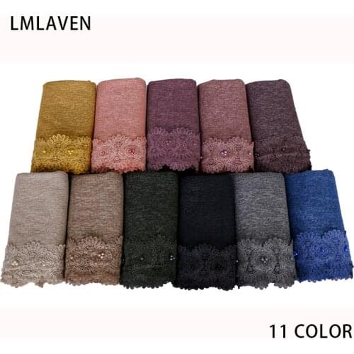 Women cotton with beads hijab scarf solid color lace scarves wrap muslim headband headscarf maxi shawl foulard 180*85cm 20pcs