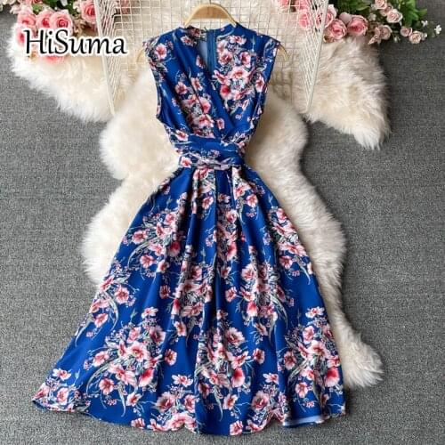2021 summer new women V-neck sleeveless flower print chiffon A-line dress female Chic elegant lace-up waist beach dresses