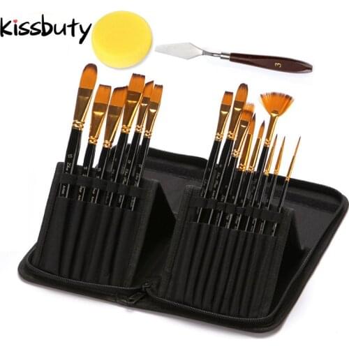 16 Pcs/Set Professional Watercolor Oil Paint Brush with Canvas Bag Watercolor Acrylic Painting Brush Art Craft Long Wood Handle