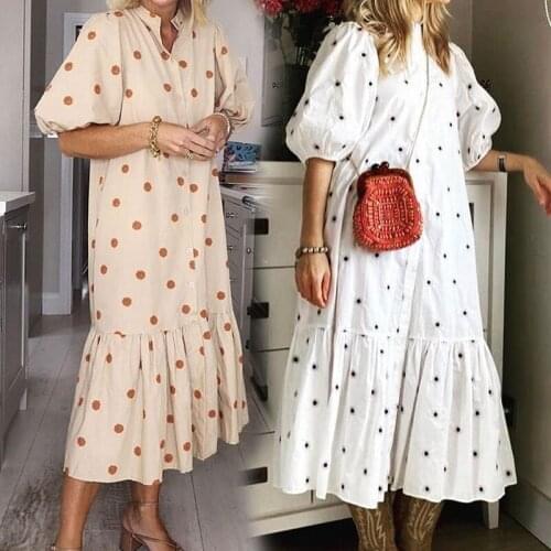 Elegant Dot Dress Women 2021 Summer Boho Lantern Sleeve Mid-Calf Dress White Ruffles Beach Party Dresses Long Sundress Vestido