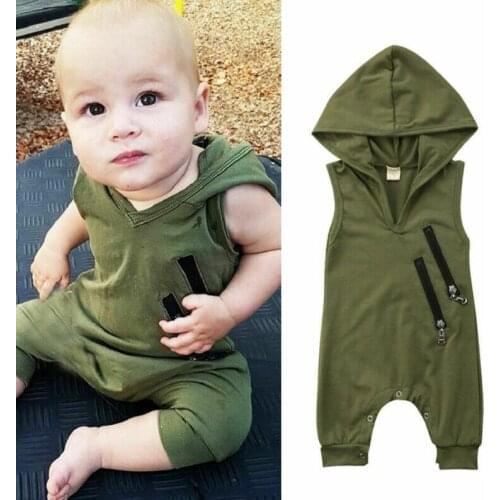 Ewborn Toddler Baby Girls Boys Summer Casual Active Romper Sleeveless Hooded Solid Zipper Jumpsuits Romper 0-24M