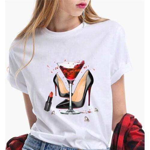 ECG Top T-shirt Ladies Casual Ladies T-shirt 2020 Summer T-shirt Womens T-shirt Wine Glass Print T-shirt