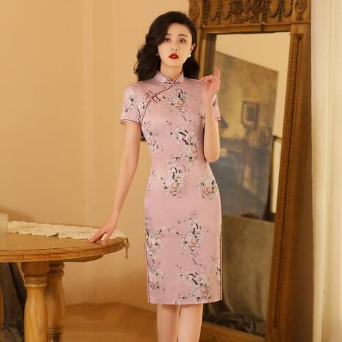 FZSLCYIYI Chinese Daily Suede Red Plaid Knee-length Qipao Sexy Suede Glossy Mini Dress Cheongsam Clasp Split Party Dress