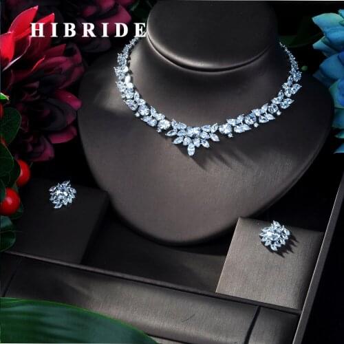 HIBRIDE Clear Zirconia Small Flower 18KWG AAA Cubic Zircon Wedding Jewelry Set ,Earrings Necklace,Promotion,Nickel Free, Factory