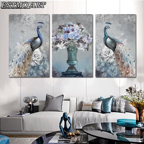 Blue Peacock Vase Flowers 3 Set Painting European Luxury Wall Art Canvas Prints Large Size Posters Wall Painting Room Decoration