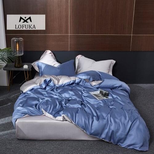 Lofuka Super Soft Blue 100% Silk Bedding Set Deep Sleep Beauty Duvet Cover Flat Sheet Pillowcase Double Queen King Bed Set