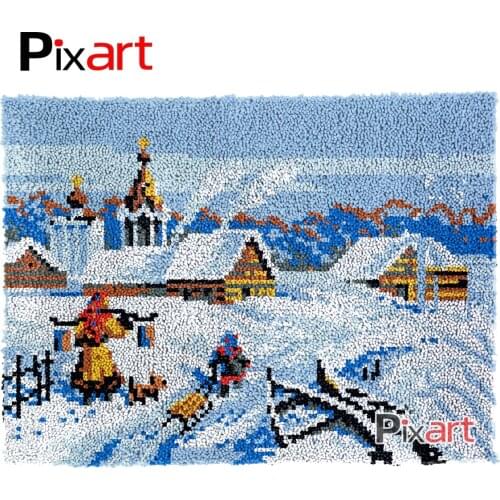 Latch Hook Rug Snow Village Crocheting Wall Tapestry Kits DIY Carpet Rug Chunky Yarn Needlework Knitted Floor Mat Hobby & Crafts