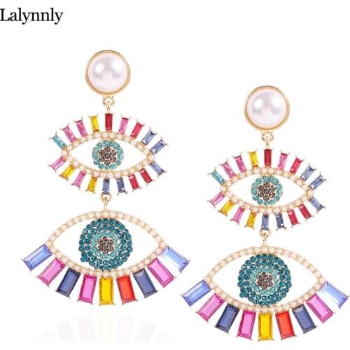 Lalynnly Fashion Colorful Evil Eye Big Pearl Drop Earring Punk Exaggerated Eye Crystal Statement Earring Party Jewelry E77561