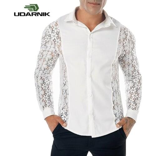 Mens Crochet Floral Lace Long Sleeve Slim Shirt Casual Smart Party Wedding Blouse Black White Turn-down Collar Casual 903-B217