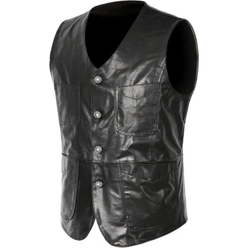Mens V-Neck Genuine First Layer Sheepskin Black Leather Vest Slim Fit And Soft Motorcycle Jacket Leather Vest Spring/Summer XL