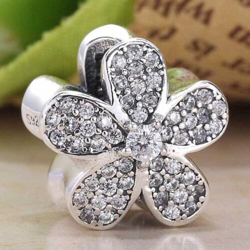 Original Cute Daisy Flower With Full Crystal Beads Fit 925 Sterling Silver Bead Charm Europe Bracelet Bangle DIY Jewelry