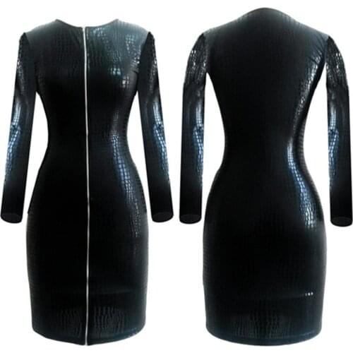 Women Ladies PU Leather Dress Sexy Wet Look Latex Snake Bodycon Dress Clubwear Long Sleeved Zipper Sheath Dress