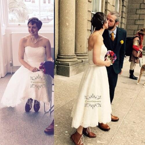 Pretty Strapless Tea Length 2019 Wedding Dress A Line Shape with Backless Girl Bride Gown Bridal Party Design Lace and Sashes