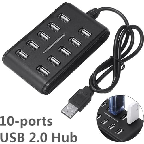 POHIKS 1pc Black Durable 10 Ports USB 2.0 Hub Splitter High Speed Multi Ports Expansion Adapter For PC Laptop Computer