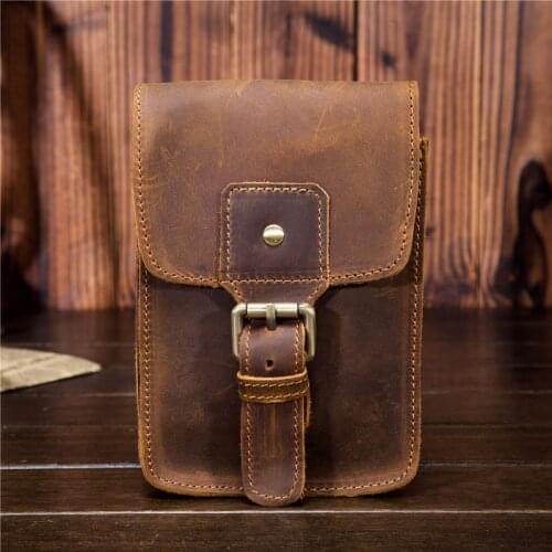 Mens Waist Pack Genuine Leather Pouch Waist Bag for Men Fanny Pack Cow Leather Mini Phone Bag Vintage Big Wallet Belt Loop Hoop