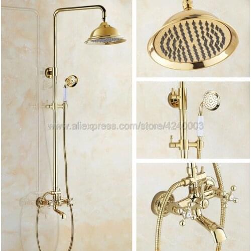 Luxury Gold Color Brass Wall Mounted Shower Faucet Bathroom Rainfall Shower System Set Faucet Tub With Handheld Sprayer Kgf353