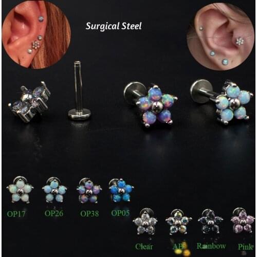 1Pc Prong Setting Zircon Opal Ear Helix Tragus Cartilage Stud Piercing Surgical Steel Labret Monroe Lip Stud Piercing Jewelry