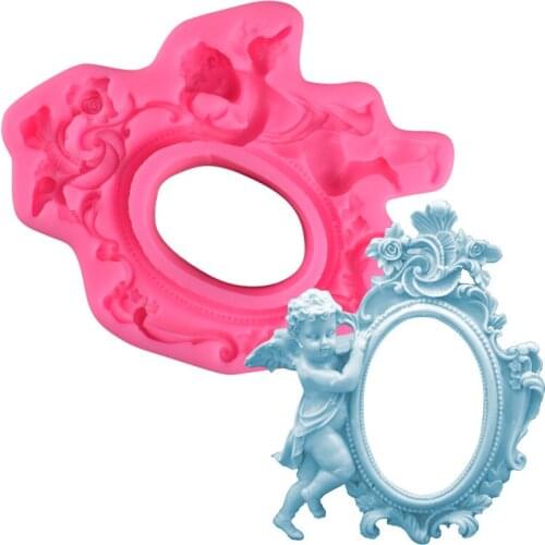 Cute Angel Holding Mirror Frame Shape Fondant Silicone Mold Photo Frame Cake Decoration Mold Mousse Chocolate Mold