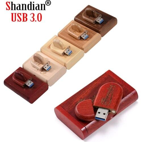 SHANDIAN Free custom logo USB 3.0 High speed wooden usb + gift Box pen drive 64GB 16GB 32GB usb Flash Drive pendrive