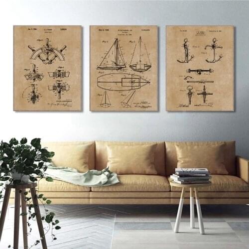Sailboat Patent Print Vintage Poster Sailor Gifts , Yacht Anchor Ship Wheel Sailing Blueprint Nautical Wall Art Canvas Painting