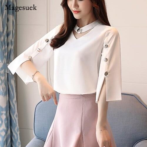 2021 Women Blouse Ladies' Tops Beading Solid White Shirt Blouse Clothes Harajuku Three Quarter V-Neck Chiffon Blouse 2994 50