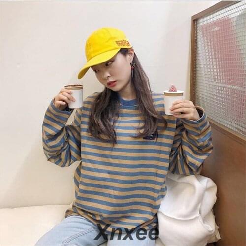 2019 Korean Ulzzang O-Neck Striped T-shirt Women Casual Long Sleeve Kawaii Plus Size T Shirt Female Oversized Tops Tee Xnxee