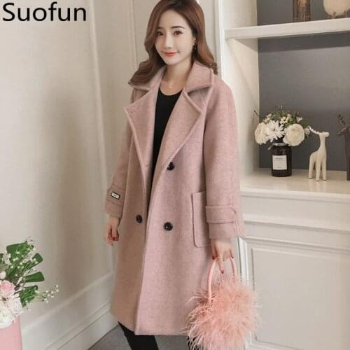 Suofun Loose Pink Casual Button Wool Blends Hot Sale Winter Warm Jacket Long Cashmere Vintage Female Autumn Womens Wool Coats