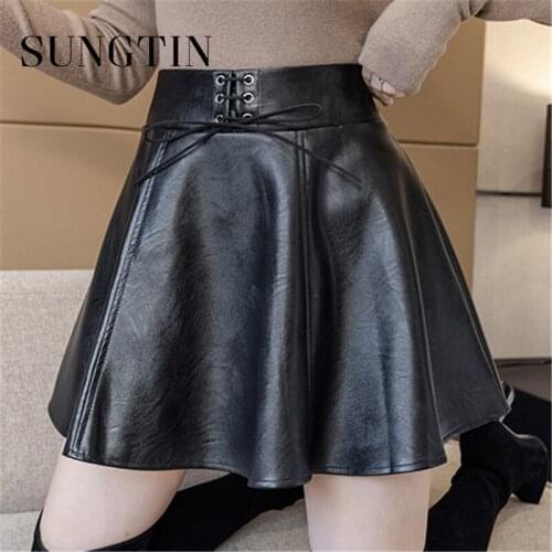 Sungtin Plus Size Cute Drawstring Bow Women Mini Pu Pleated Skirt Female Loose Sweat Faux Leather Elastic Mini Skirt Streetwear