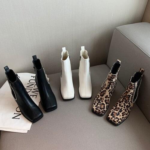 Leopard Women Ankle Boots Leopard Black White Side Zipper Slip On Party Pumps Thick Mid Heels Elegant Party Shoes Woman Size 39