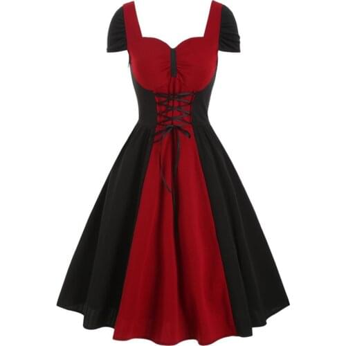 Retro Vintage Gothic Punk Dress Streetwear Short Sleeve Red Black Patchwork Rock Tunic 50s 60s Swing Rockabilly Party Jurken