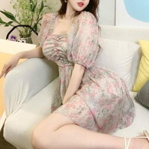 Summer Floral Dress Women French Style Puff Sleeve Party Dress Korean Style Hepburn Style Chiffon Elegant Fairy Dress 2021 New