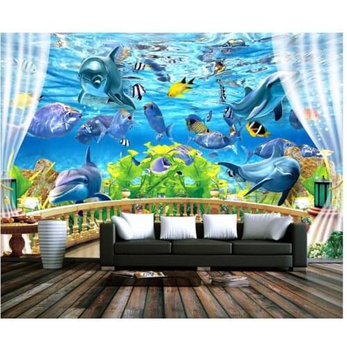 3d photo wallpaper custom 3d wall murals wallpaper Balcony sea ocean dolphin coral wall painting in background 3d room wallpaper decoration