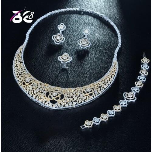 Be 8 Luxury Top Quality Women Party Wedding Jewelry Set Pave CZ 2 Tones Flower Shape Nigerian Big Bridal Necklace Set S272