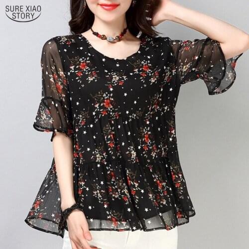 Blusas Casual Women Tops Blouse Summer Plus Size O-neck Chiffon Blouse 2021 Loose Women Shirt Print Floral Lady Clothing 10168