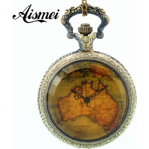 Wholesale buyer price good quality new bronze fashion vintage retro classic globe map pocket watch necklace chain hour 5 pcs/lot