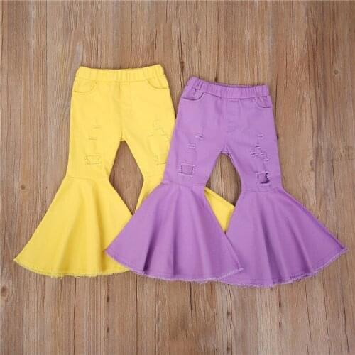 Kids Girls Hole Trousers Jeans Elastic High Waist Solid Ripped Flare Pants Denim Bell Bottoms 2-7Y