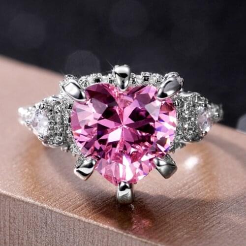 Huitan Luxury Big Pink Heart Cubic Zircon Ring Women Wedding Ceremony Party Finger Ring Valentines Day Love Gift Trendy Jewelry