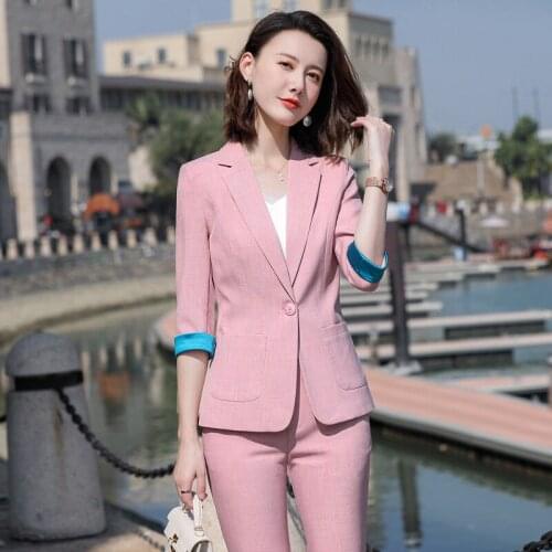 IZICFLY Summer New Style Pink Slim Elegant Business 2 Piece Half Sleeve Blazer Set Women 2021 Office Pants Suit Work Wear
